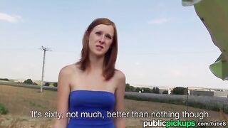 A red-haired girl is fucking in a haystack, her tits are awesome