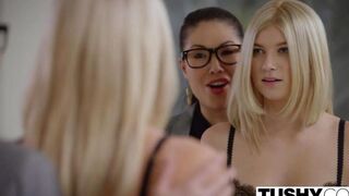 A blond girl in stockings fucks deep in her ass hole