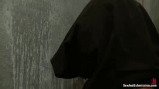 Girl swallows a cock, showcasing deepthroat skills in BDSM play