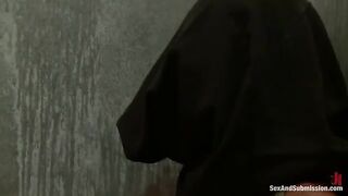 Girl swallows a cock, showcasing deepthroat skills in BDSM play