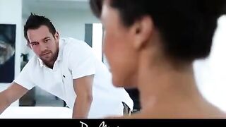 Oily pussy fuck after giving a massage to the brunette