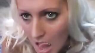 Blonde whim licks sperm from a spoon with sensual passion