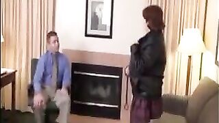 A fat woman gets her pussy eaten by the boss in pantyhose