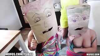 Girls put on each other's bags on their heads and fucked with guys