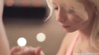 Blonde beauty gives a blowjob in the studio in 2020