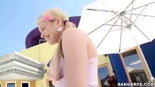 A cute blonde girl sucks a long dick with great pleasure