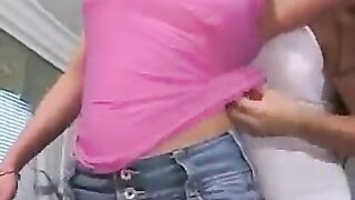 Girl with a pierced clitoris gets caressed by a lesbian lover