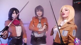 Cosplay threesome with Mikasa, Sasha, and Historia in wet pussy action