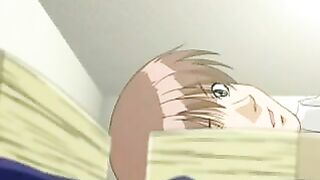 A big-eyed Hentai girl skillfully makes a blowjob, showcasing her stunning gaze
