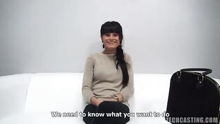 A cute chick fucks at a porn casting in the Czech Republic with a condom
