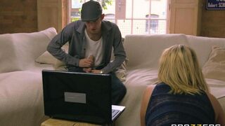 A depraved blonde with big tits fucks her daughter's boyfriend on the couch