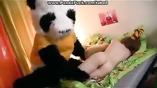 Plush Mishka was fucked by his hot mistress on the bed