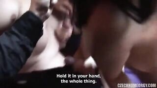 A drunk woman is having fun with her husband at home