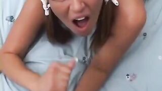 Standing doggy with a smooth basket and young blonde in glasses who has never been fucked like this before