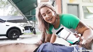 The girl is having sex with the mechanic after squirt