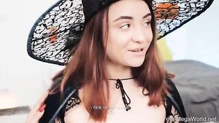 Two girls are having fun in costumes on Halloween, doing lesbian sex