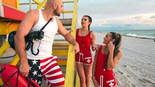 Two lifeguards are not enough for a busty brunette in an FFM threesome