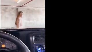 Babe has sex right in the public garage and reaches a strong orgasm