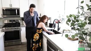 The babysitter woman has a fantasy, which she fulfills on the kitchen table