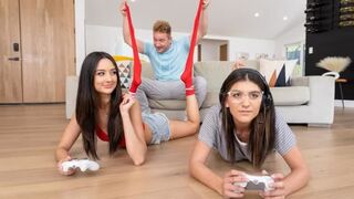 A hot girl is fucking with her boyfriend in the gamer room