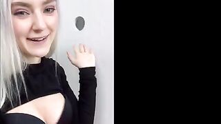 Cute teen got a huge cumshot on her face through the glory hole in a steamy fitting room scene
