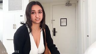 A busty coworker says NO to condoms during a business trip hookup