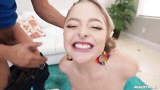 The guy pulled out the toy and began to fuck with a blonde on the couch