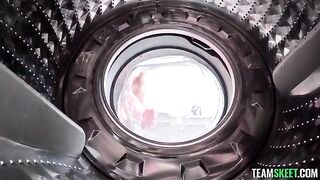 A girl was helped by a guy with vibrating washing machine