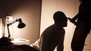 Femdom with a guy using a strap-on, hands-free cumshot