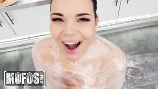 Hot brunette Sofia Lee with huge tits cooks up a storm