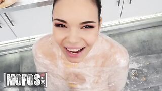 Hot brunette Sofia Lee with huge tits cooks up a storm
