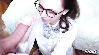 Russian schoolgirl gets her glasses and face covered with cum