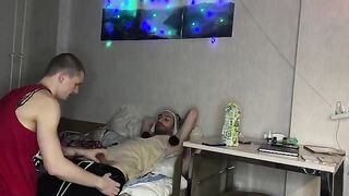Two guys fucked a tight pussy of their friend at a party