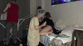 Two guys fucked a tight pussy of their friend at a party