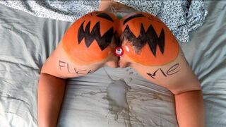 A pumpkin was smashed and cum was shot on it