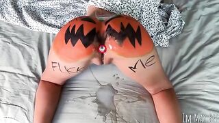 A pumpkin was smashed and cum was shot on it