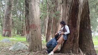 A pretty woman has sex with a pervert old man in the forest