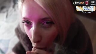 The guy finishes on the chin of a street prostitute in a fur coat