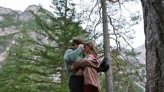 Outdoor sex of a passionate brunette couple in nature
