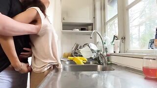 Hot mature with big tits fucks with her husband in the kitchen
