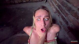 A pretty woman was fucked on the stairs, face smothered