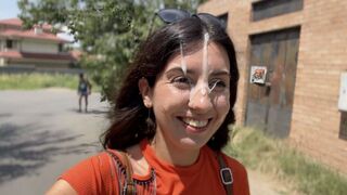A sexy girl made a blowjob in the street and got a huge cumshot on her face