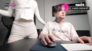A girl with big boobs rubs her clit and squirts on the table