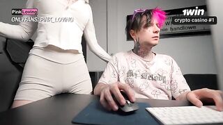 A girl with big boobs rubs her clit and squirts on the table