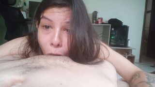 A girl gets her mouth filled with semen when she's tired and exhausted
