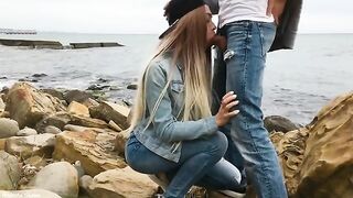 A blonde with sexy eyes has sex on the beach with a skilled man