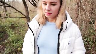 Petite girl Ava Monn risks being almost caught while giving a blowjob in the park