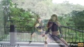 The girl with the wet pussy squirts on the balcony from a machine, showcasing her creative side