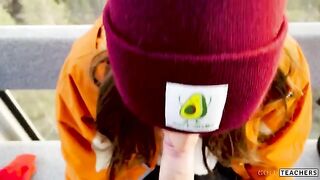 Blowjob in the mountain cableway with a stranger, cum in mouth